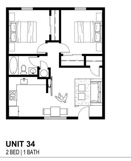 Floor plan for 2 beds, 1 bath, 900 sqft